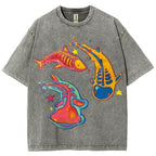Unisex Colorful Cartoon Fish Printed Washed Tee