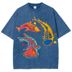 Unisex Colorful Cartoon Fish Printed Washed Tee