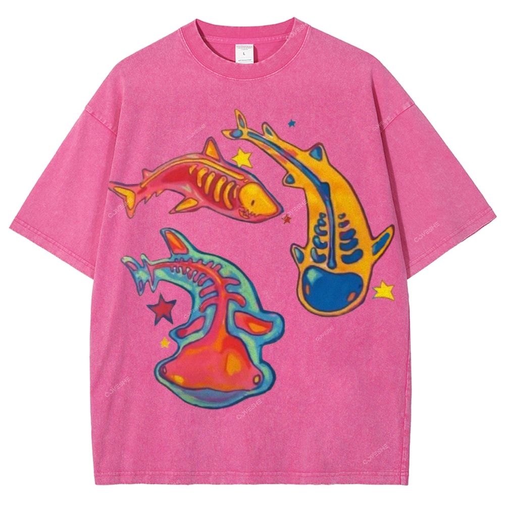 Unisex Colorful Cartoon Fish Printed Washed Tee