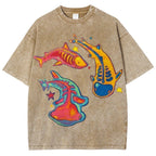 Unisex Colorful Cartoon Fish Printed Washed Tee