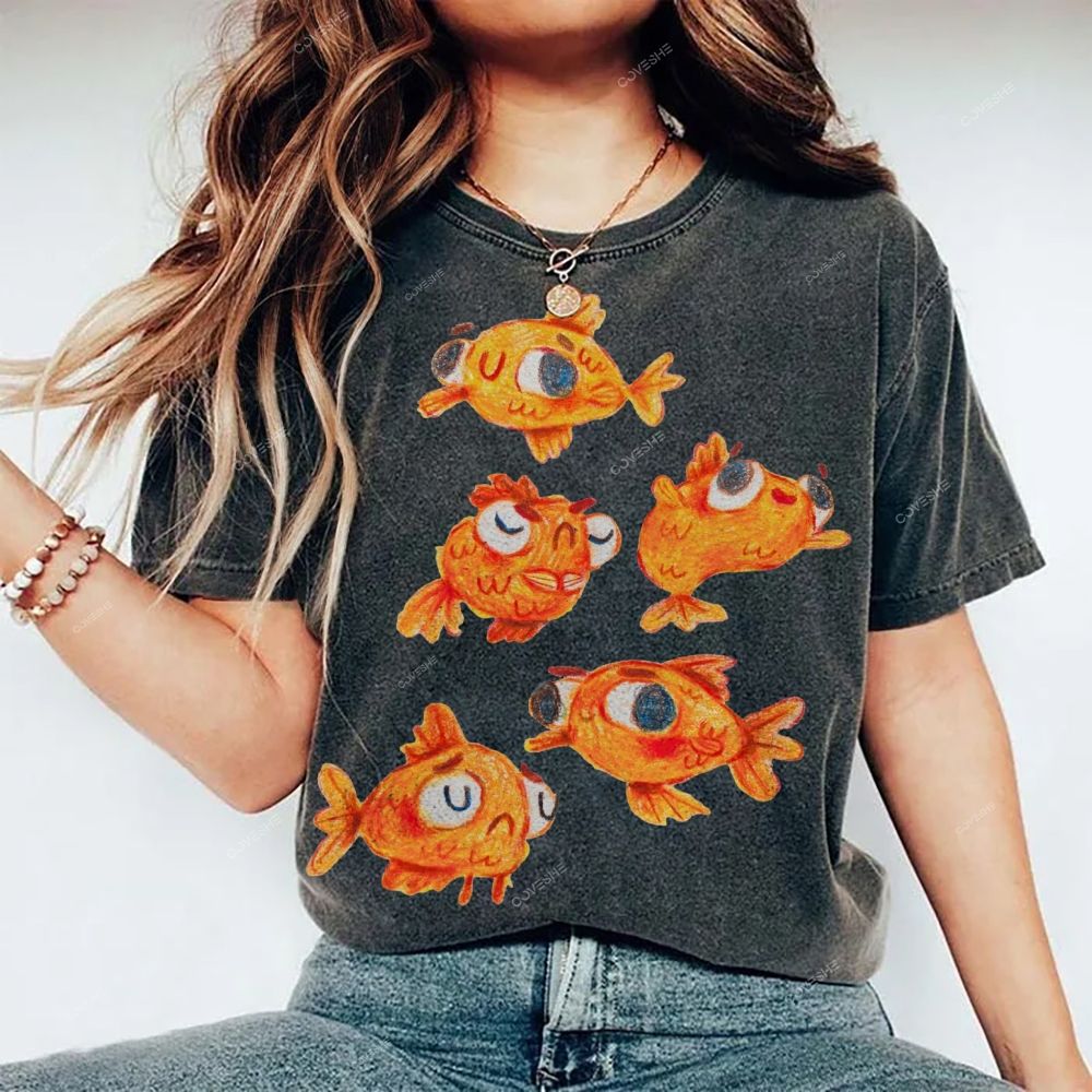 Unisex Art Cartoon Goldfish Printed Washed Tee