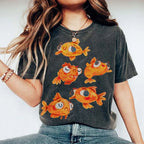 Unisex Art Cartoon Goldfish Printed Washed Tee