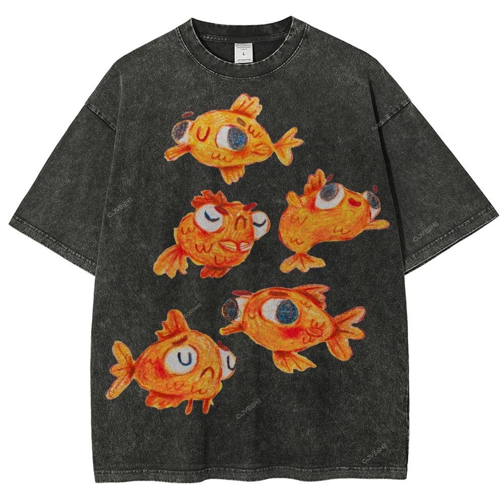 Unisex Art Cartoon Goldfish Printed Washed Tee