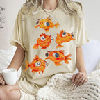 Unisex Art Cartoon Goldfish Printed Washed Tee
