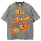 Unisex Art Cartoon Goldfish Printed Washed Tee