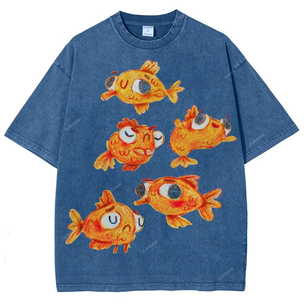 Unisex Art Cartoon Goldfish Printed Washed Tee