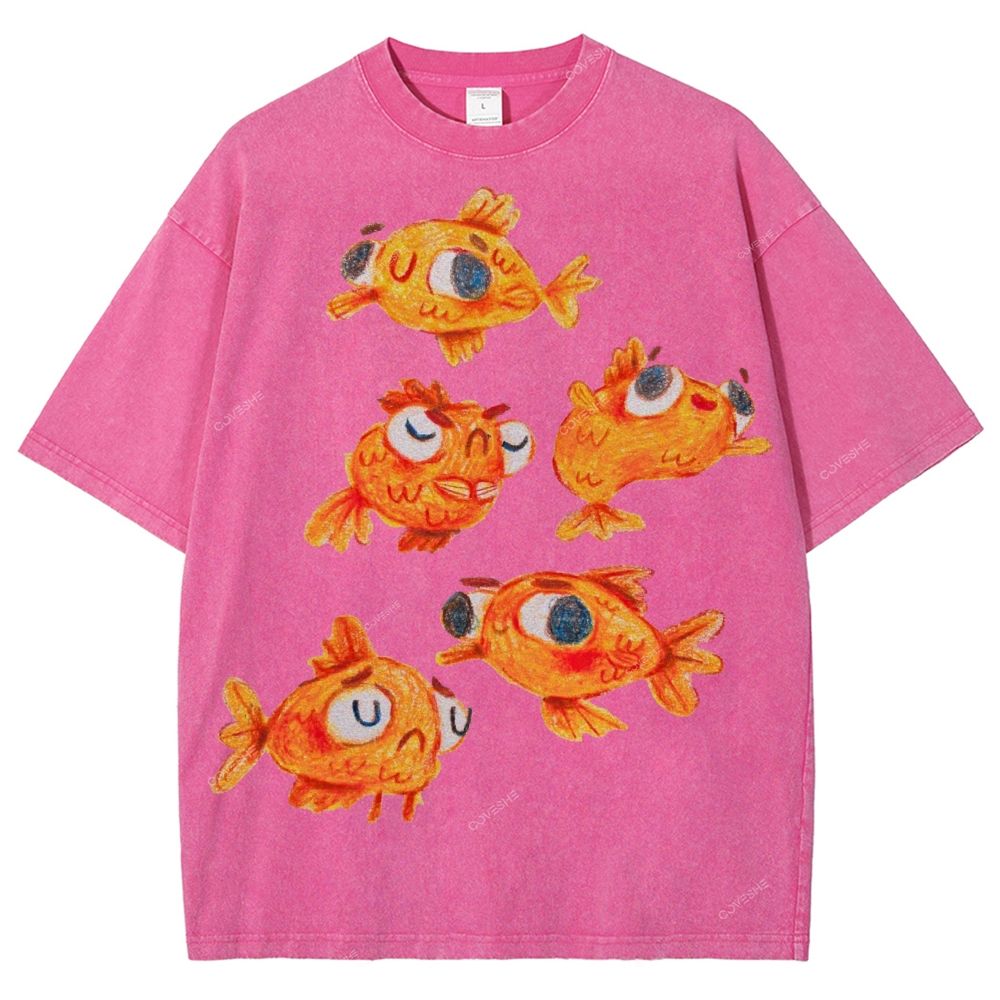 Unisex Art Cartoon Goldfish Printed Washed Tee