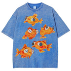 Unisex Art Cartoon Goldfish Printed Washed Tee