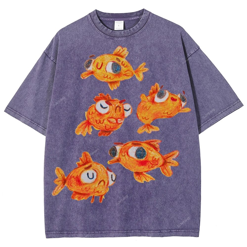 Unisex Art Cartoon Goldfish Printed Washed Tee