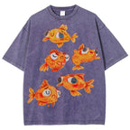 Unisex Art Cartoon Goldfish Printed Washed Tee
