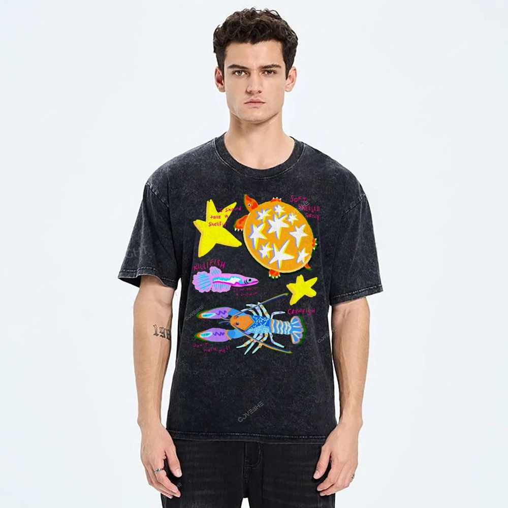 Unisex Cartoon Turtle Lobster Printed Washed Tee