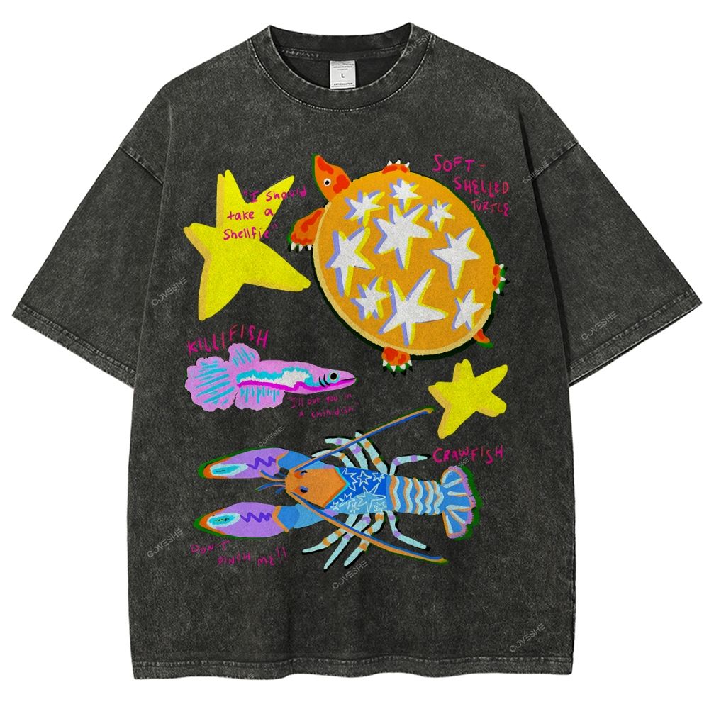 Unisex Cartoon Turtle Lobster Printed Washed Tee
