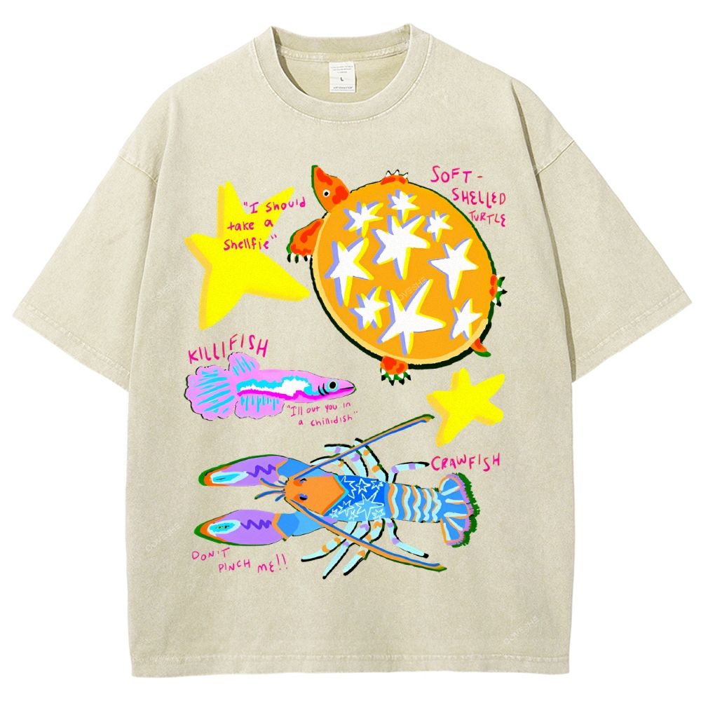 Unisex Cartoon Turtle Lobster Printed Washed Tee