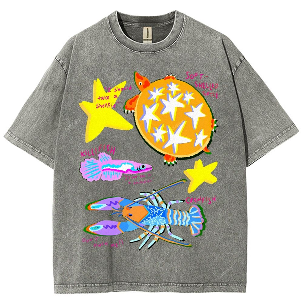 Unisex Cartoon Turtle Lobster Printed Washed Tee