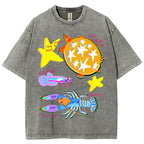 Unisex Cartoon Turtle Lobster Printed Washed Tee