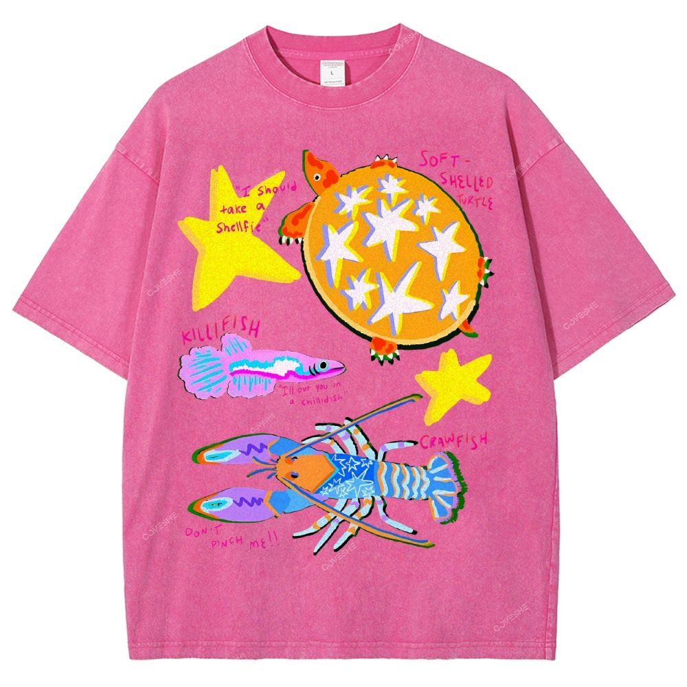 Unisex Cartoon Turtle Lobster Printed Washed Tee