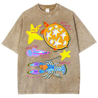 Unisex Cartoon Turtle Lobster Printed Washed Tee