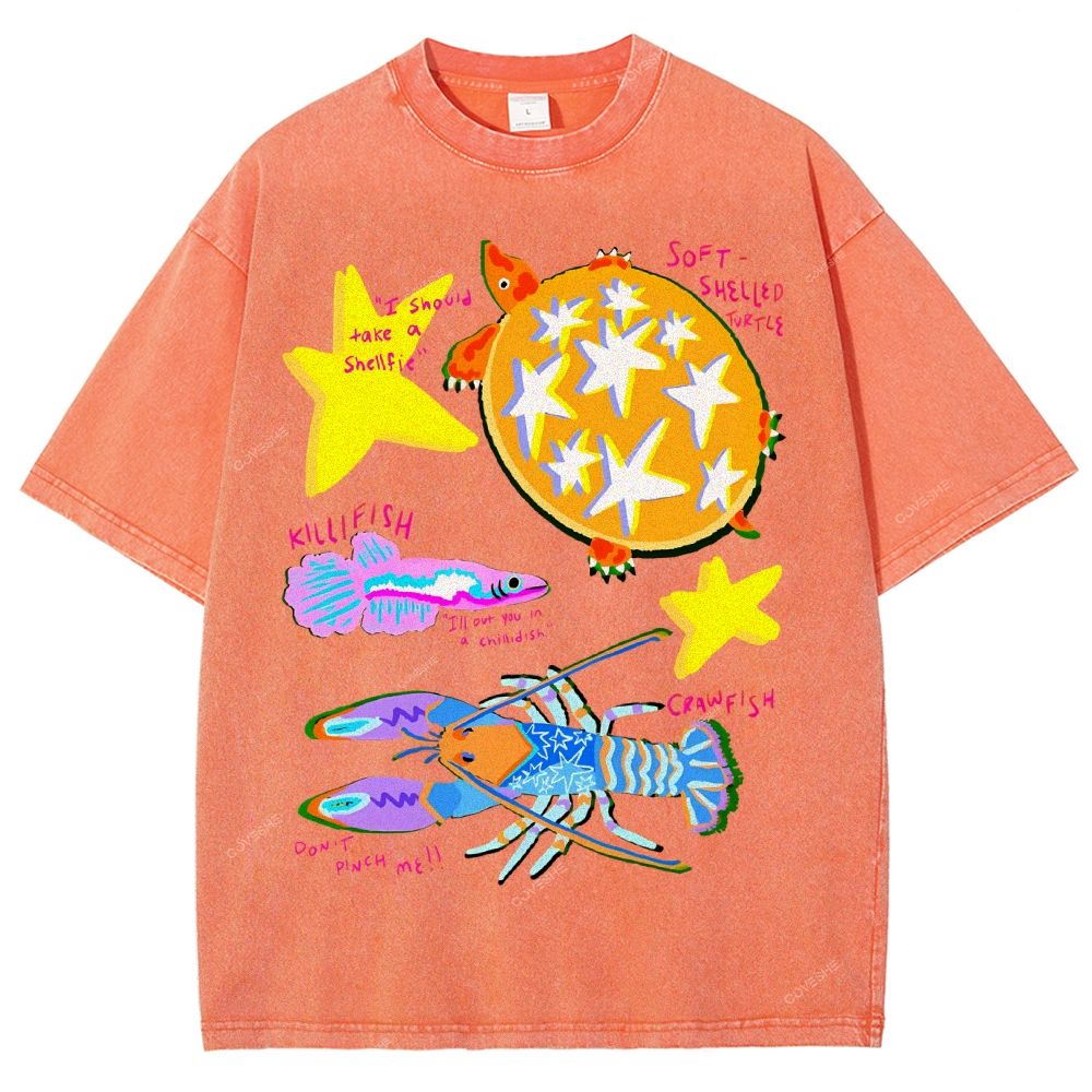 Unisex Cartoon Turtle Lobster Printed Washed Tee