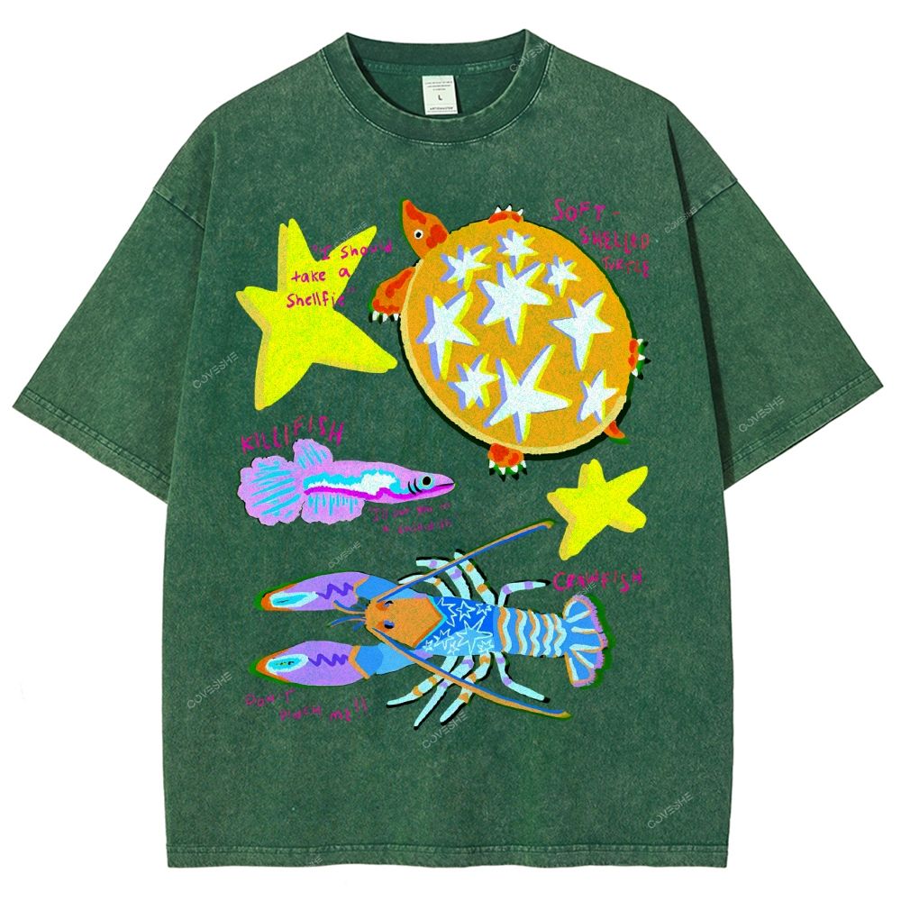 Unisex Cartoon Turtle Lobster Printed Washed Tee