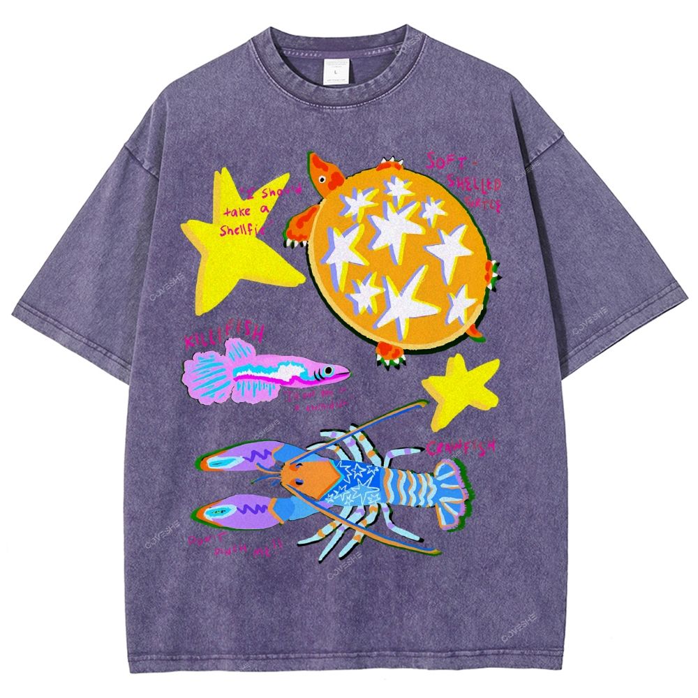 Unisex Cartoon Turtle Lobster Printed Washed Tee