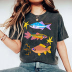 Unisex Colorful Cartoon Fish Printed Washed Tee