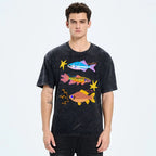 Unisex Colorful Cartoon Fish Printed Washed Tee