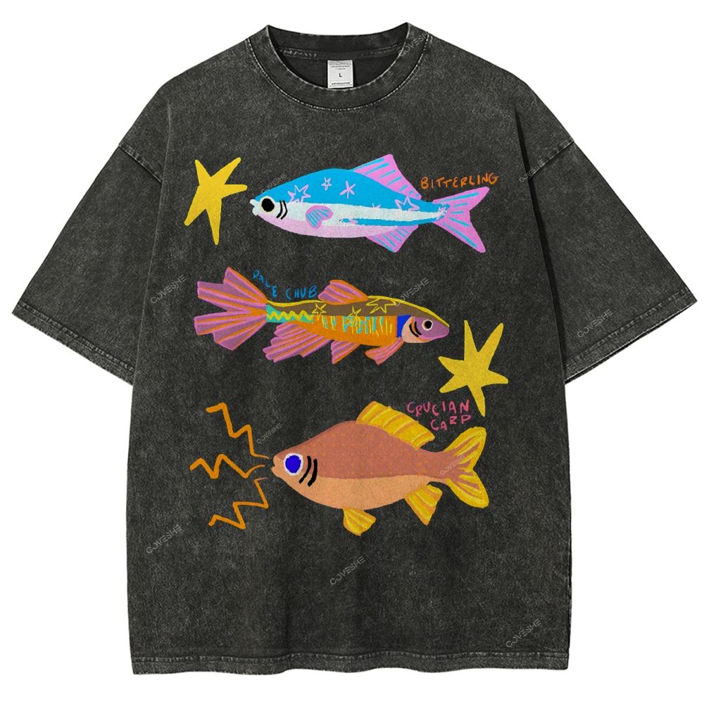 Unisex Colorful Cartoon Fish Printed Washed Tee