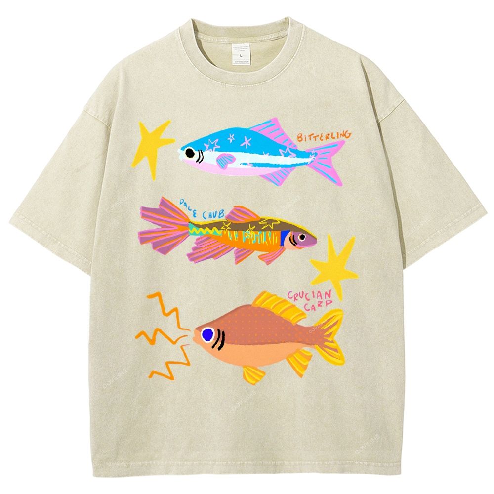 Unisex Colorful Cartoon Fish Printed Washed Tee