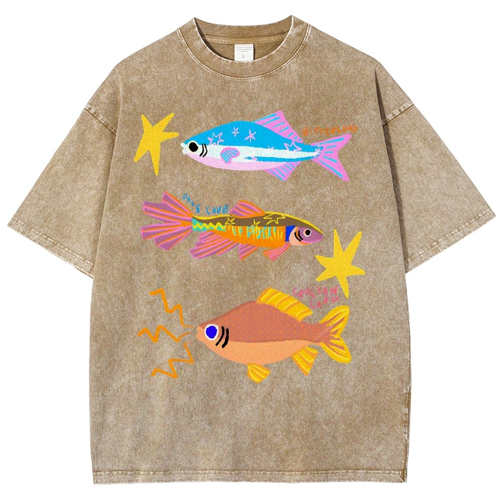 Unisex Colorful Cartoon Fish Printed Washed Tee