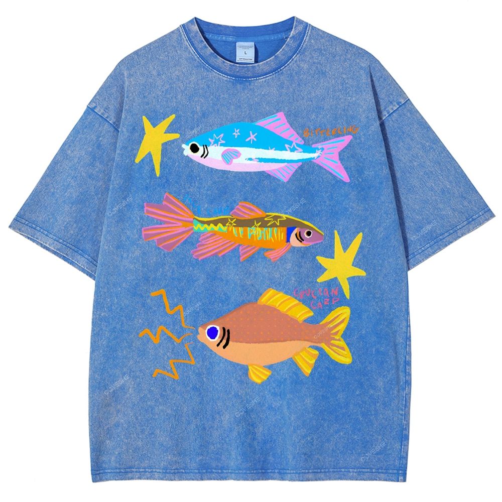 Unisex Colorful Cartoon Fish Printed Washed Tee