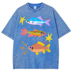 Unisex Colorful Cartoon Fish Printed Washed Tee