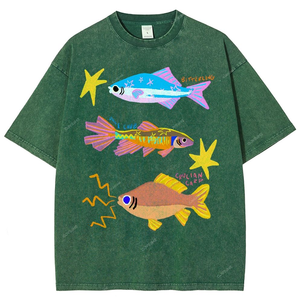 Unisex Colorful Cartoon Fish Printed Washed Tee