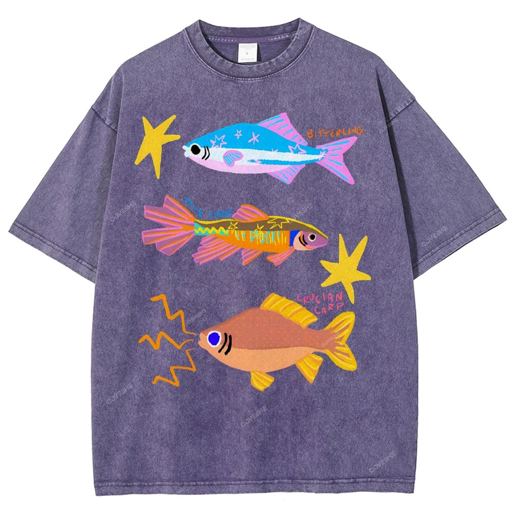 Unisex Colorful Cartoon Fish Printed Washed Tee