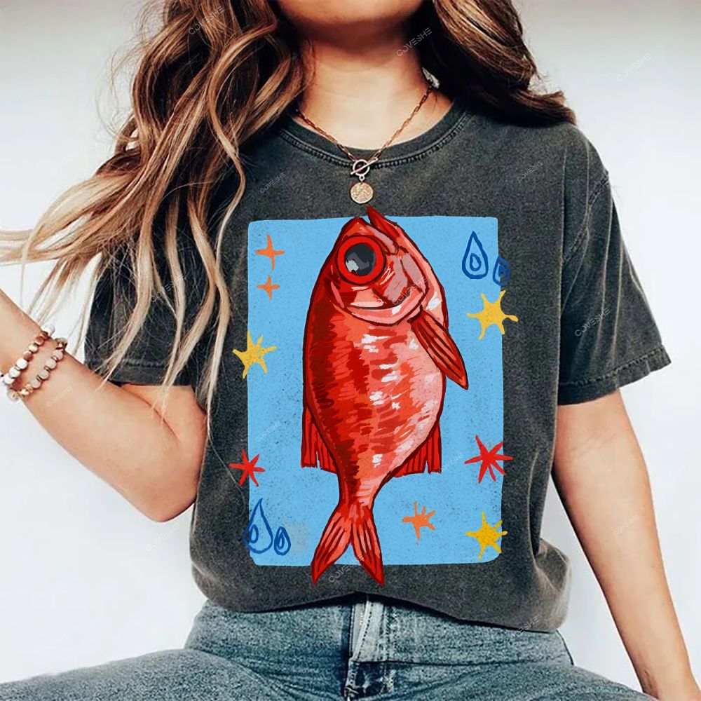 Unisex Red Fish Printed Washed Tee