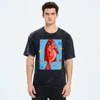 Unisex Red Fish Printed Washed Tee