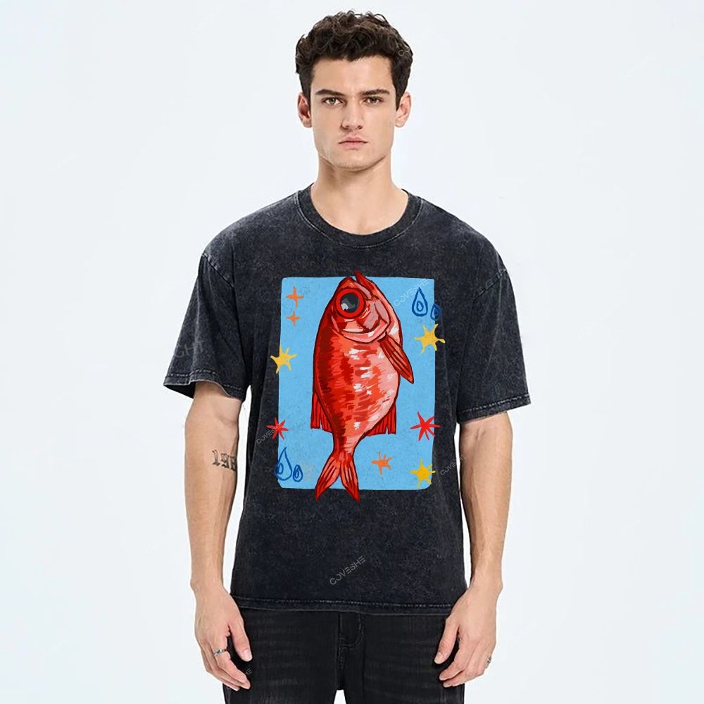 Unisex Red Fish Printed Washed Tee