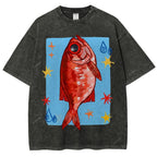 Unisex Red Fish Printed Washed Tee