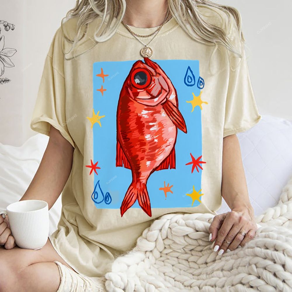 Unisex Red Fish Printed Washed Tee