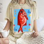 Unisex Red Fish Printed Washed Tee