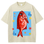 Unisex Red Fish Printed Washed Tee