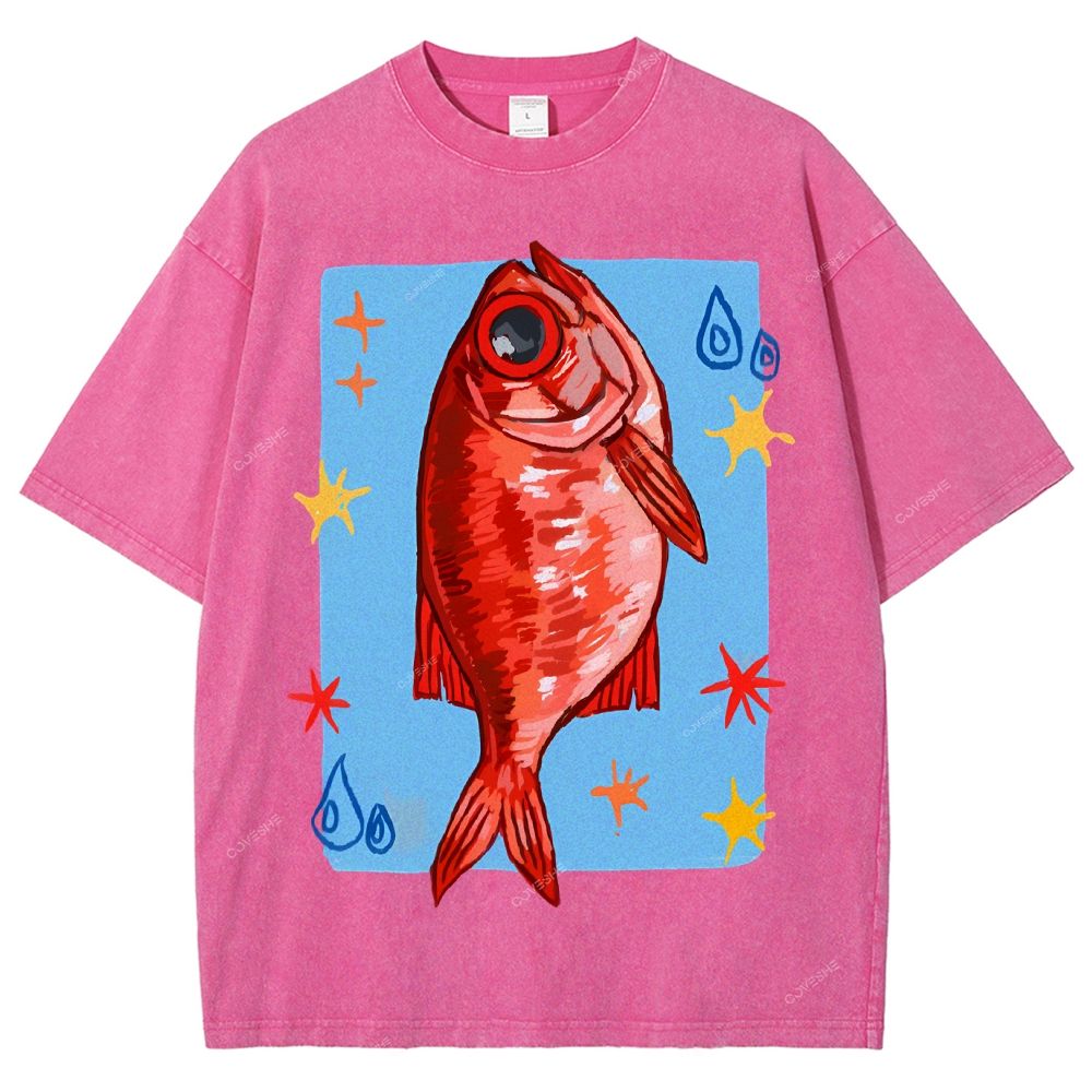 Unisex Red Fish Printed Washed Tee