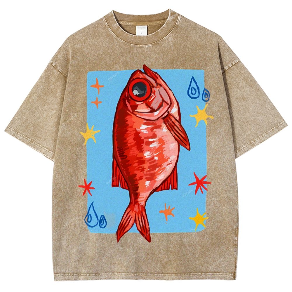 Unisex Red Fish Printed Washed Tee