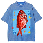 Unisex Red Fish Printed Washed Tee
