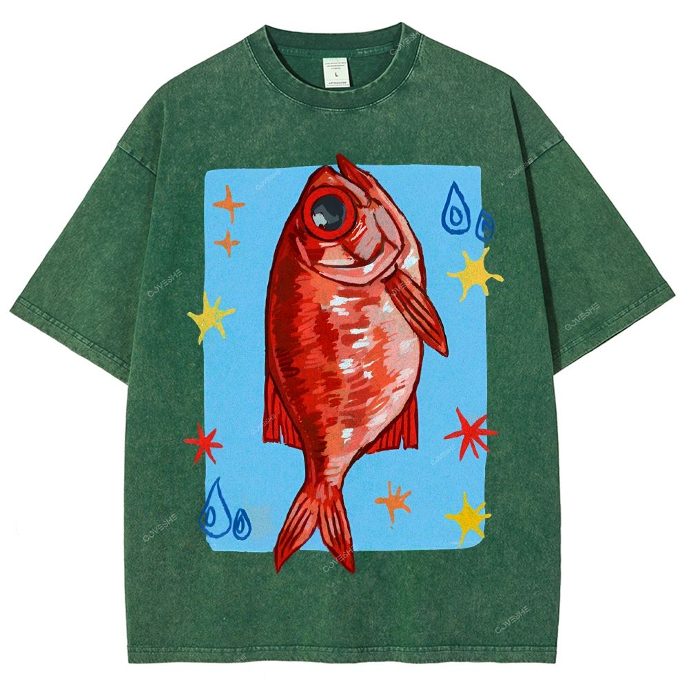 Unisex Red Fish Printed Washed Tee