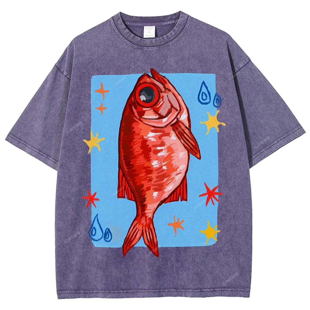 Unisex Red Fish Printed Washed Tee