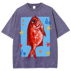 Unisex Red Fish Printed Washed Tee