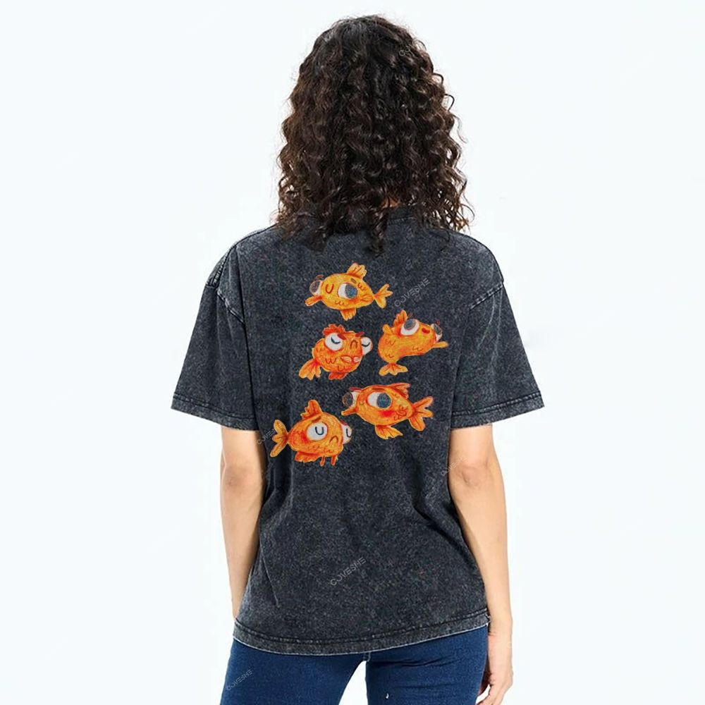 Unisex Art Goldfish Printed Washed Tee