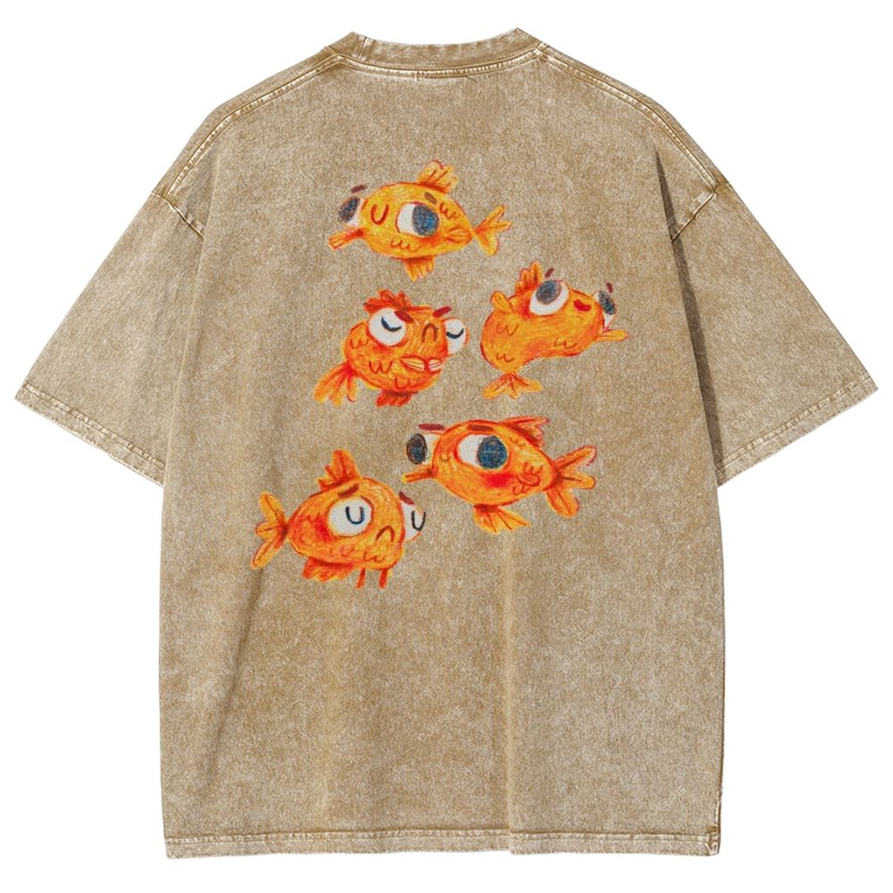 Unisex Art Goldfish Printed Washed Tee
