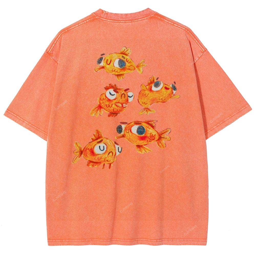Unisex Art Goldfish Printed Washed Tee
