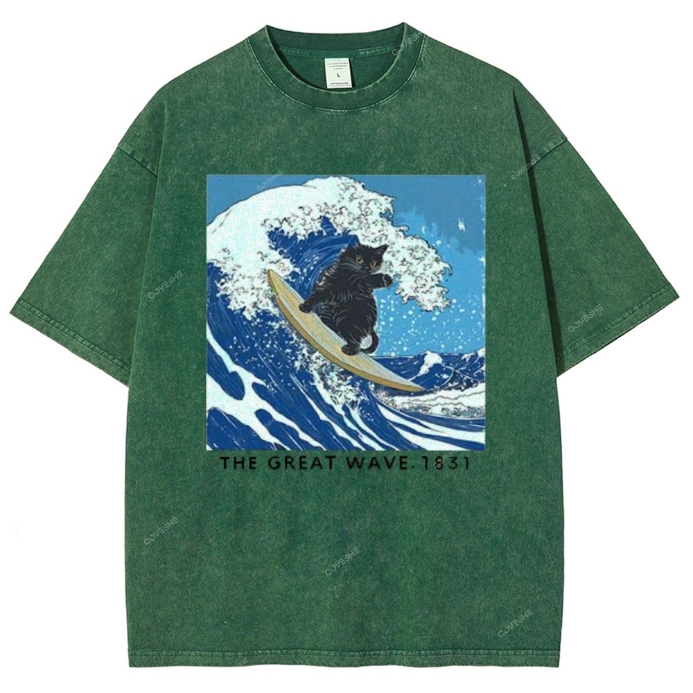 Unisex The Great Wave Printed Washed Tee